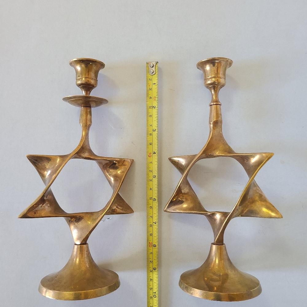 Vintage Mid Century Modern Brass Star of David Candlesticks Judaica Israel 9.5”